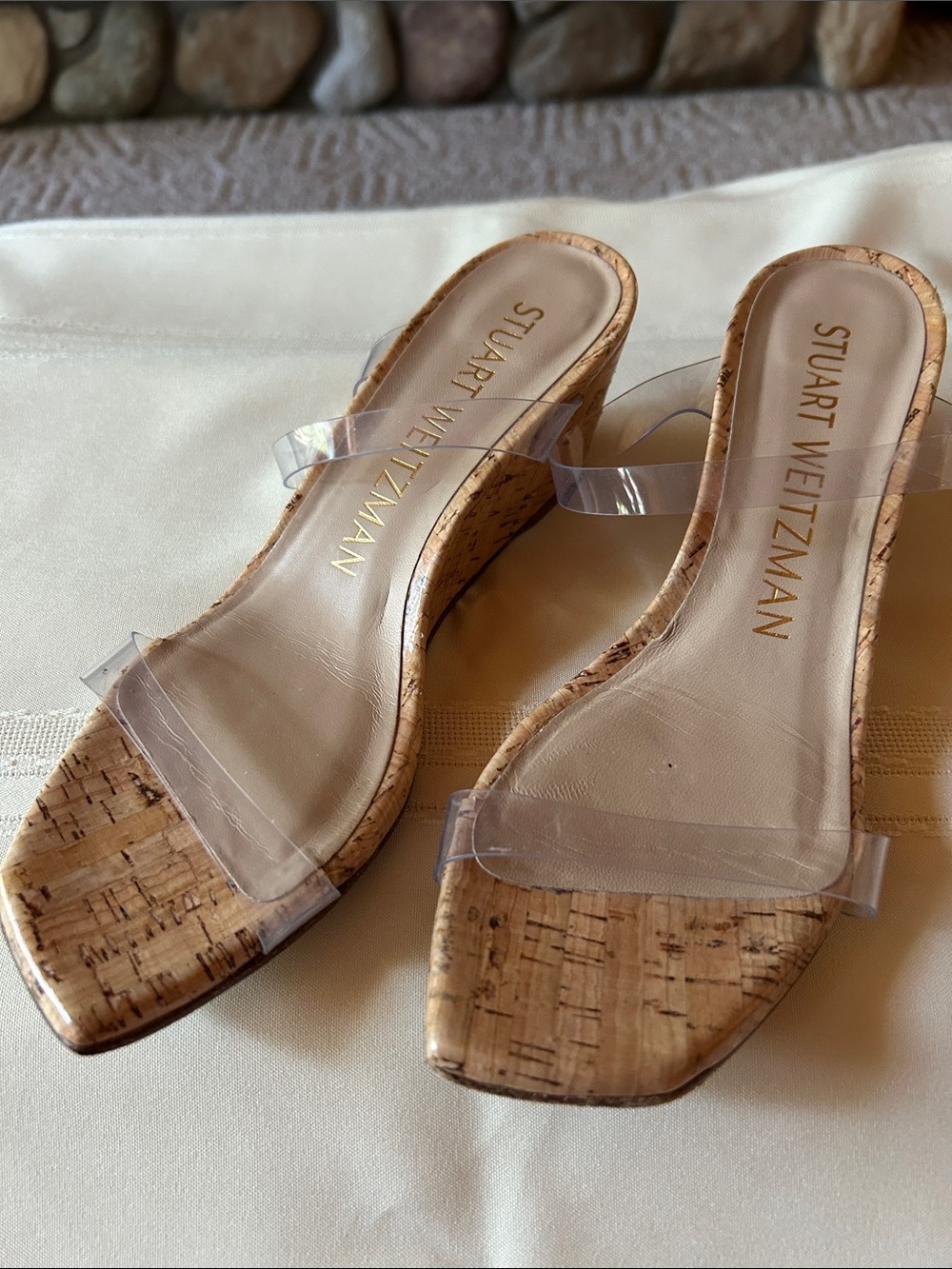 Stuart Weitzman Clear Strap Cork Wedge Sandals - Beige/Cork